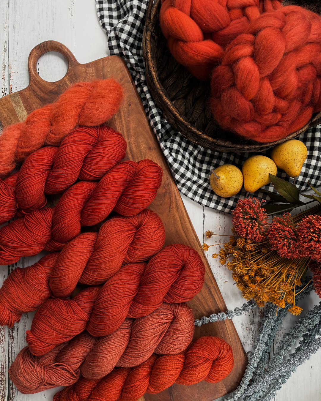 red hand dyed yarn and fiber